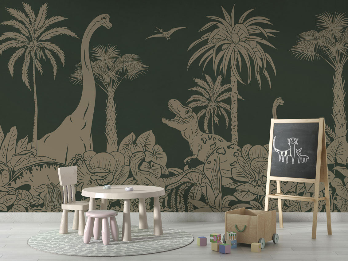 Monochrome Dino - Green Vintage luxury wallpaper in kids room interior — Artehub Egypt
