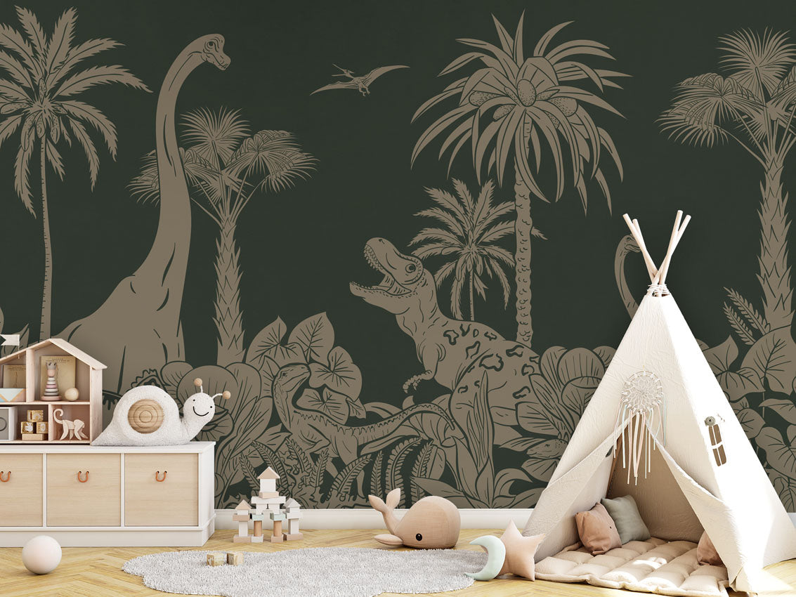 Monochrome Dino - Green Vintage luxury wallpaper in kids room interior — Artehub Egypt