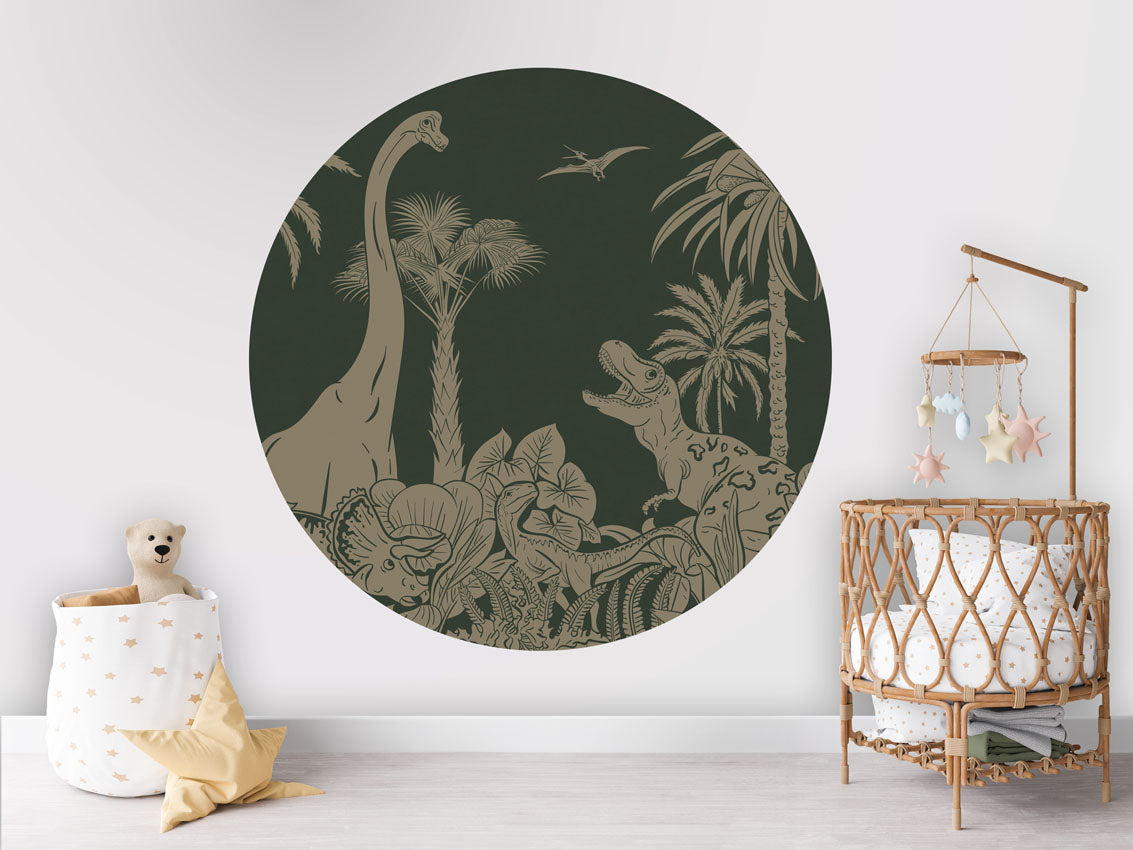 Monochrome Dino - Circle - Green Vintage wall circle sticker by Artehub