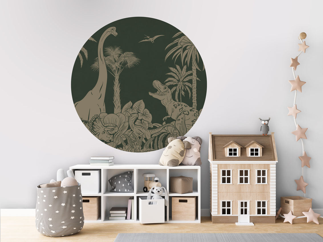 Monochrome Dino - Circle - Green Vintage wall circle sticker by Artehub