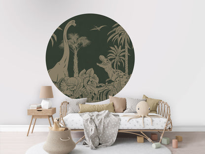 Monochrome Dino - Circle - Green Vintage wall circle sticker by Artehub