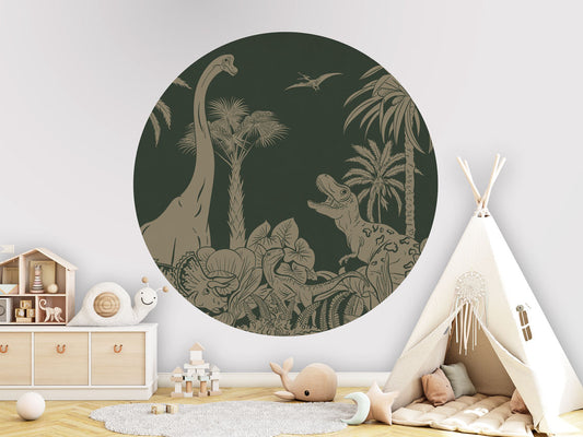 Monochrome Dino - Circle - Green Vintage wall circle sticker by Artehub