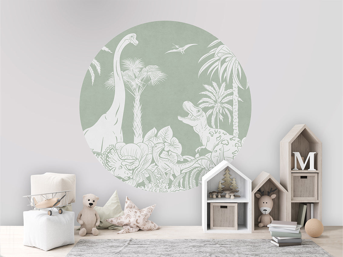 Monochrome Dino - Green - Circle wall circle sticker by Artehub