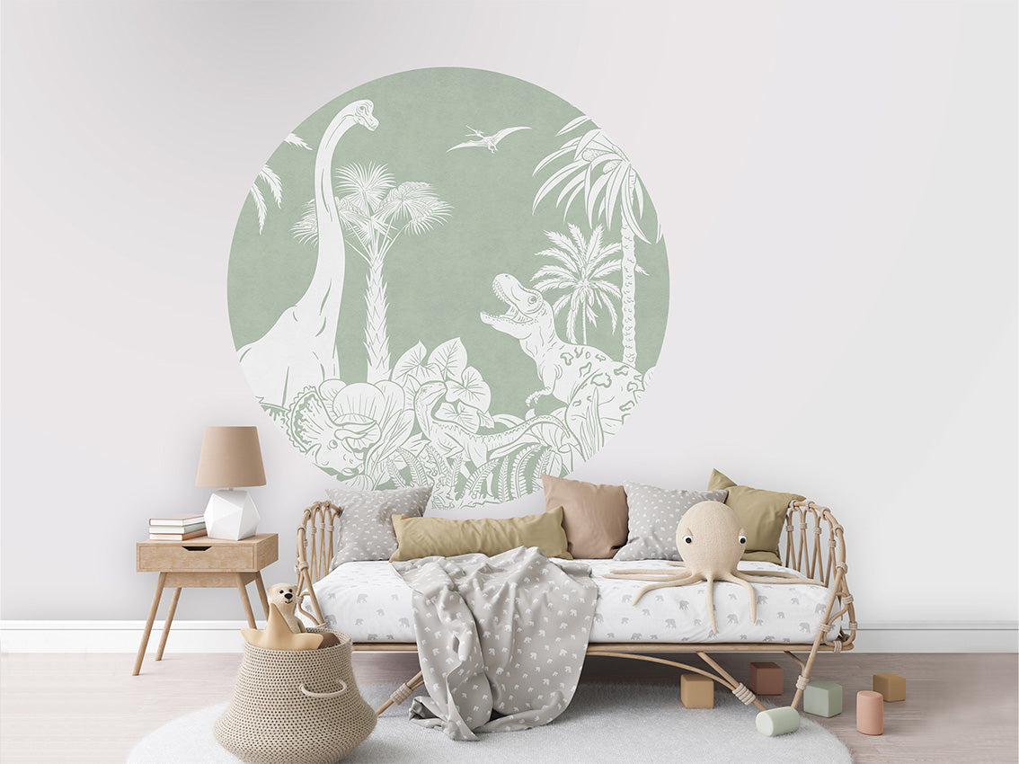 Monochrome Dino - Green - Circle wall circle sticker by Artehub