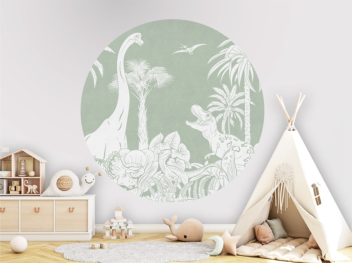 Monochrome Dino - Green - Circle wall circle sticker by Artehub