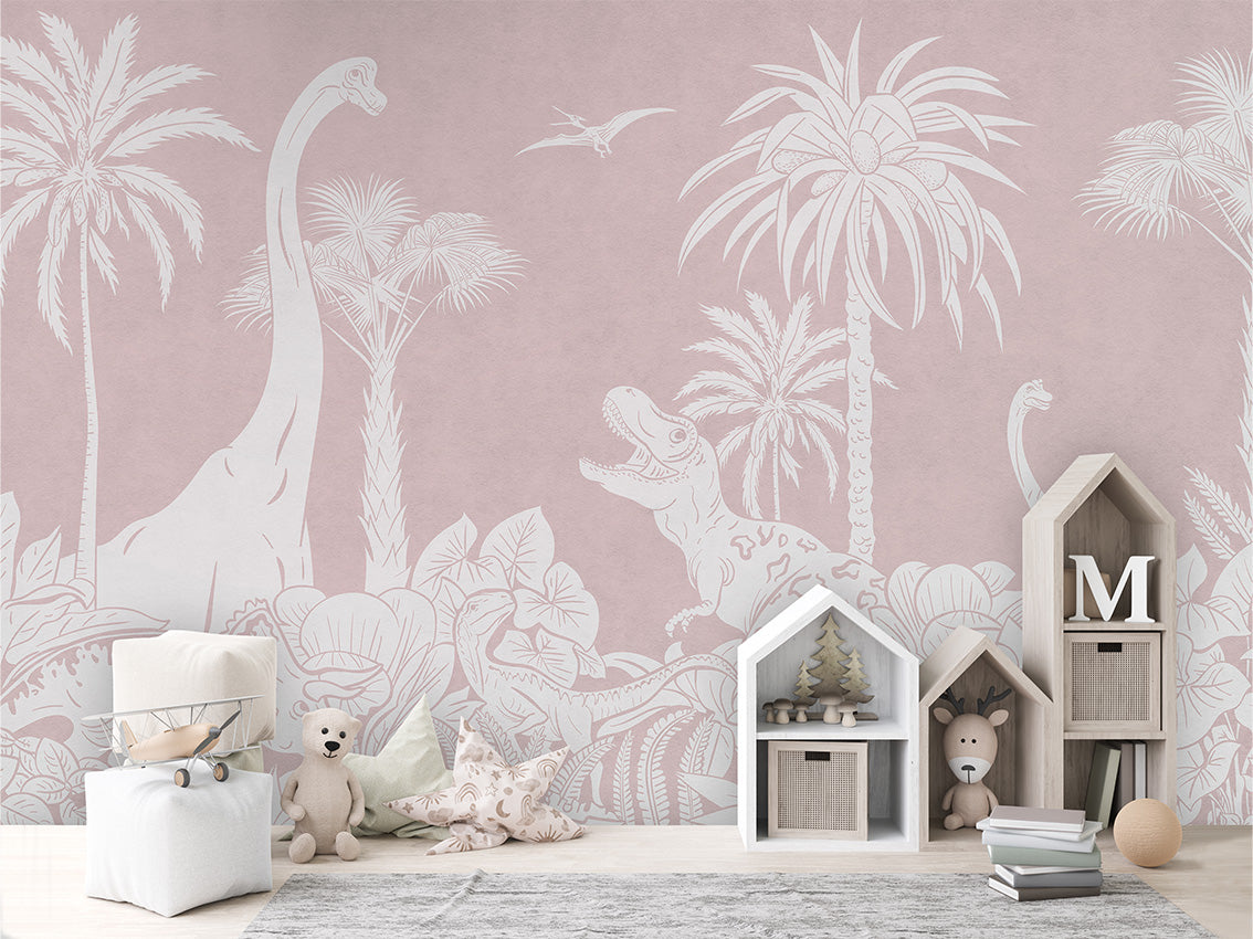 Monochrome Dino - Pink luxury wallpaper in kids room interior — Artehub Egypt