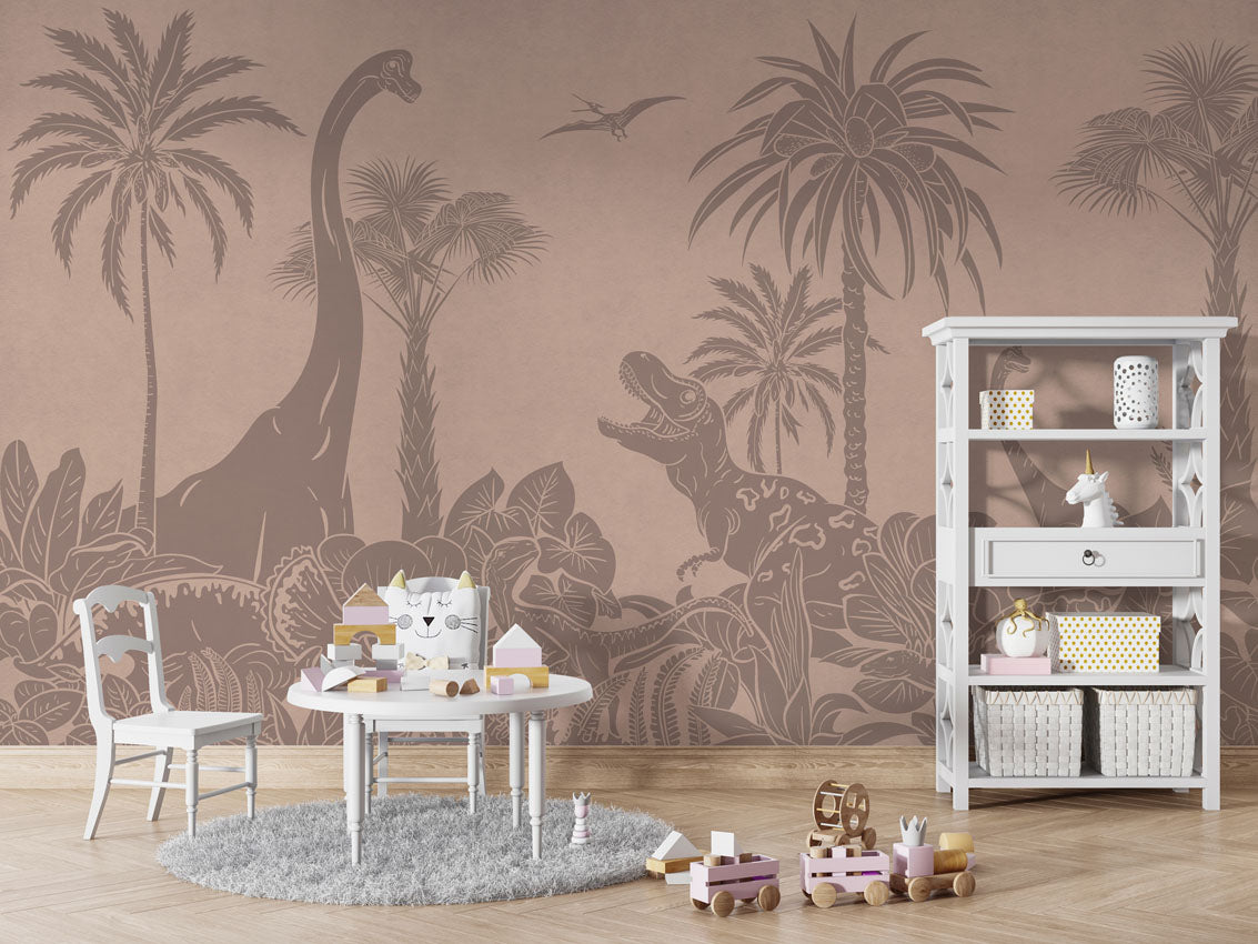 Monochrome Dino - Pink Vintage luxury wallpaper in kids room interior — Artehub Egypt