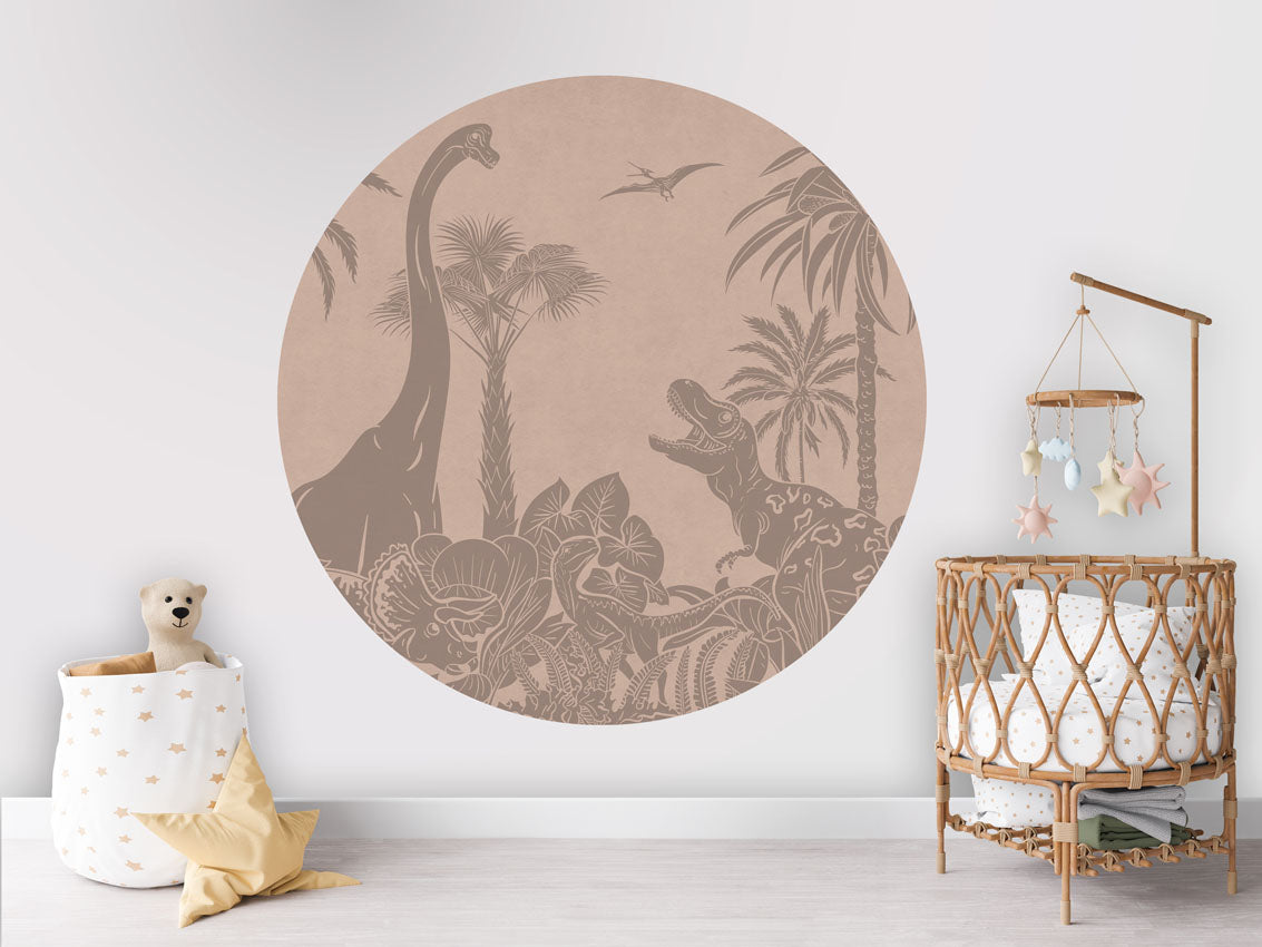 Monochrome Dino - Circle - Pink Vintage wall circle sticker by Artehub