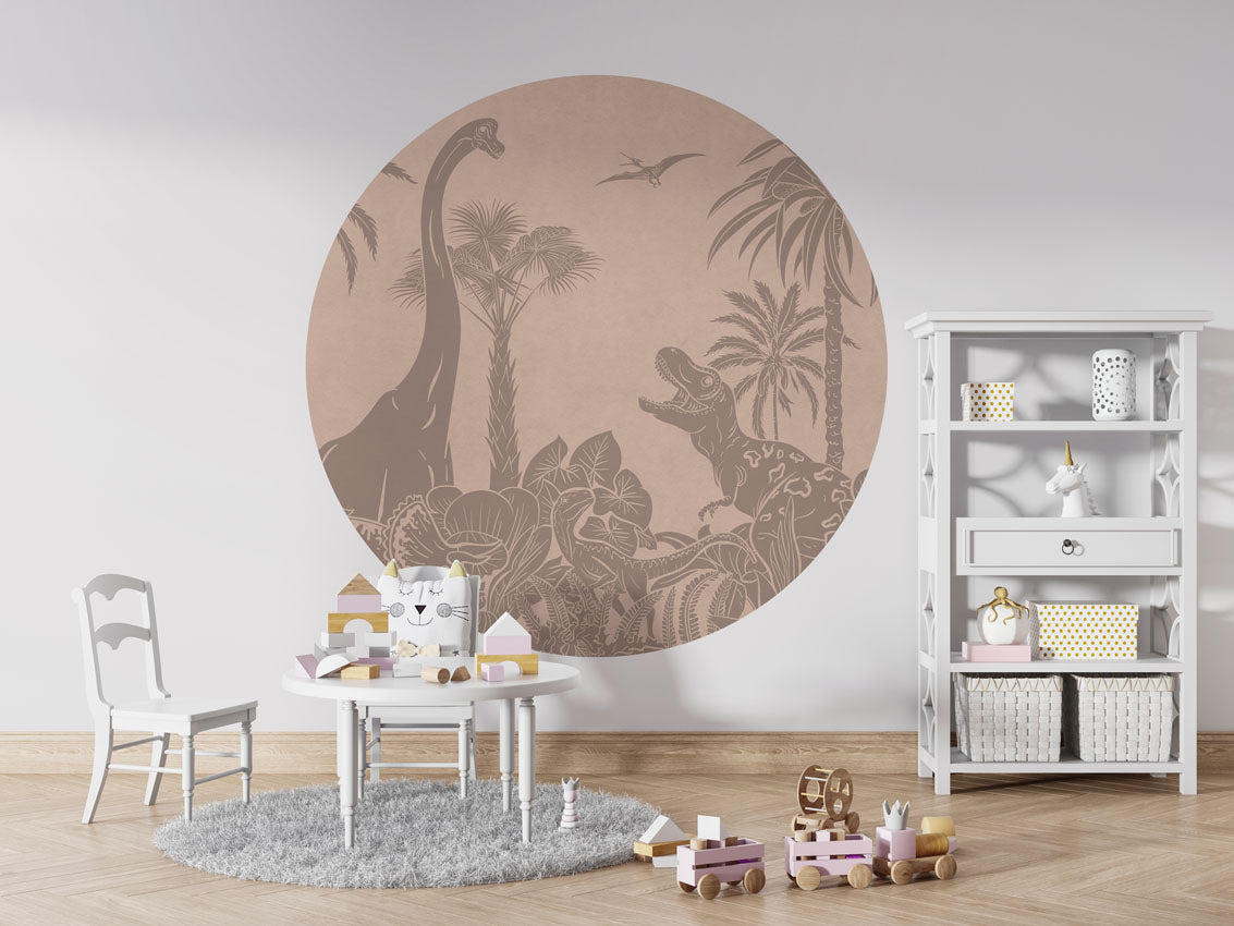 Monochrome Dino - Circle - Pink Vintage wall circle sticker by Artehub