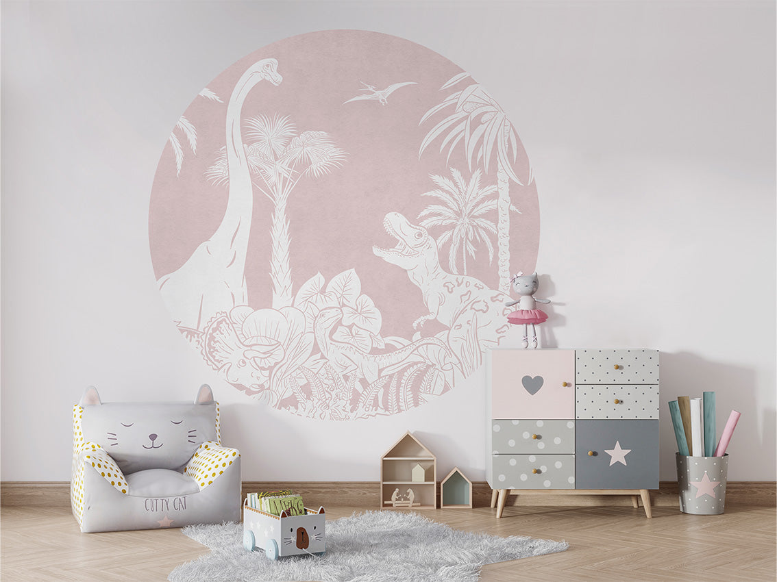 Monochrome Dino - Pink - Circle wall circle sticker by Artehub