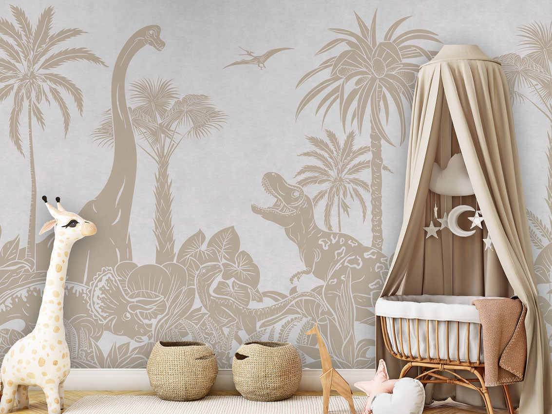 Monochrome Dino - White Vintage luxury wallpaper in kids room interior — Artehub Egypt