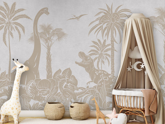 Monochrome Dino - White Vintage luxury wallpaper in kids room interior — Artehub Egypt