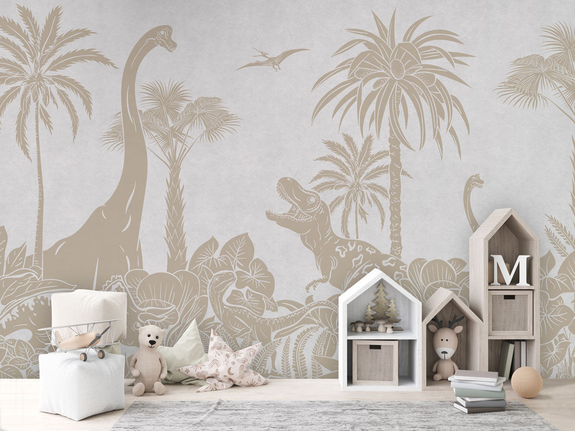 Monochrome Dino - White Vintage luxury wallpaper in kids room interior — Artehub Egypt