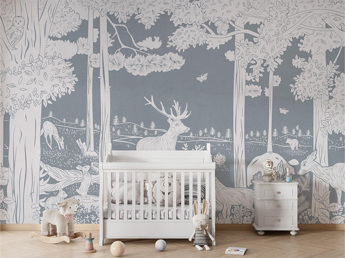 Monochrome Forest - Blue luxury wallpaper in kids room interior — Artehub Egypt