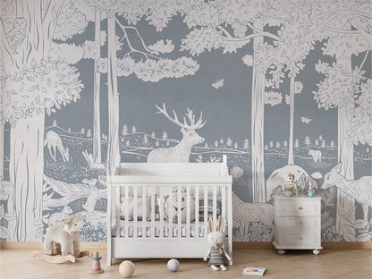 Monochrome Forest - Blue luxury wallpaper in kids room interior — Artehub Egypt