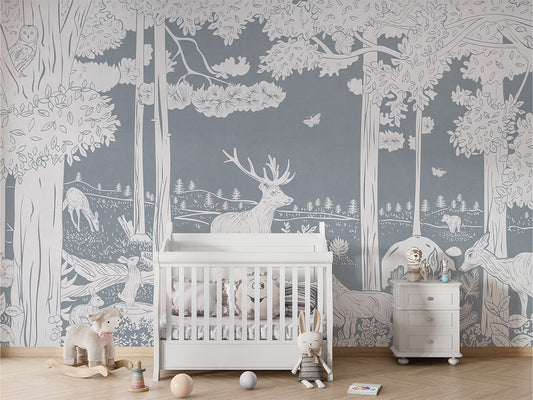 Monochrome Forest - Blue luxury wallpaper in kids room interior — Artehub Egypt