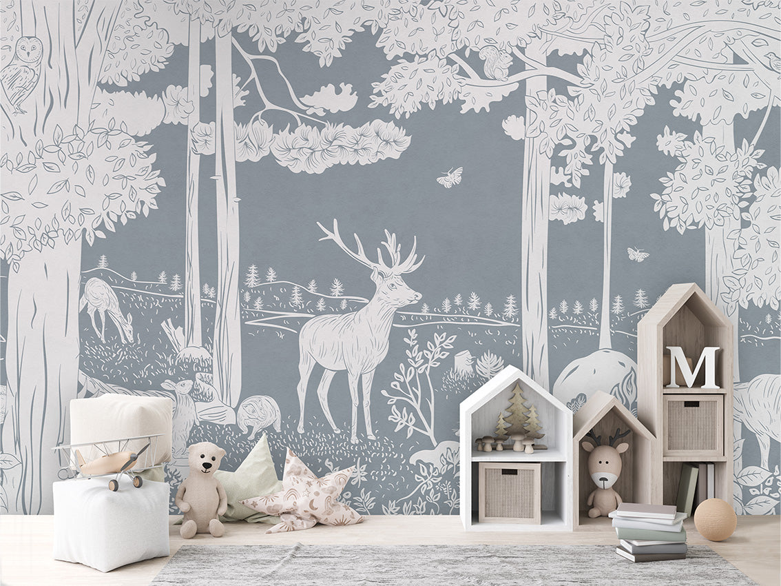 Monochrome Forest - Blue luxury wallpaper in kids room interior — Artehub Egypt