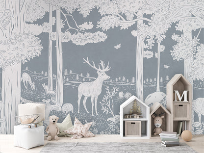 Monochrome Forest - Blue luxury wallpaper in kids room interior — Artehub Egypt