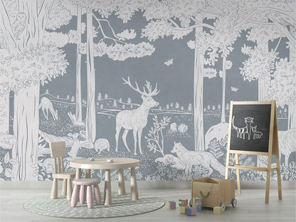 Monochrome Forest - Blue luxury wallpaper in kids room interior — Artehub Egypt