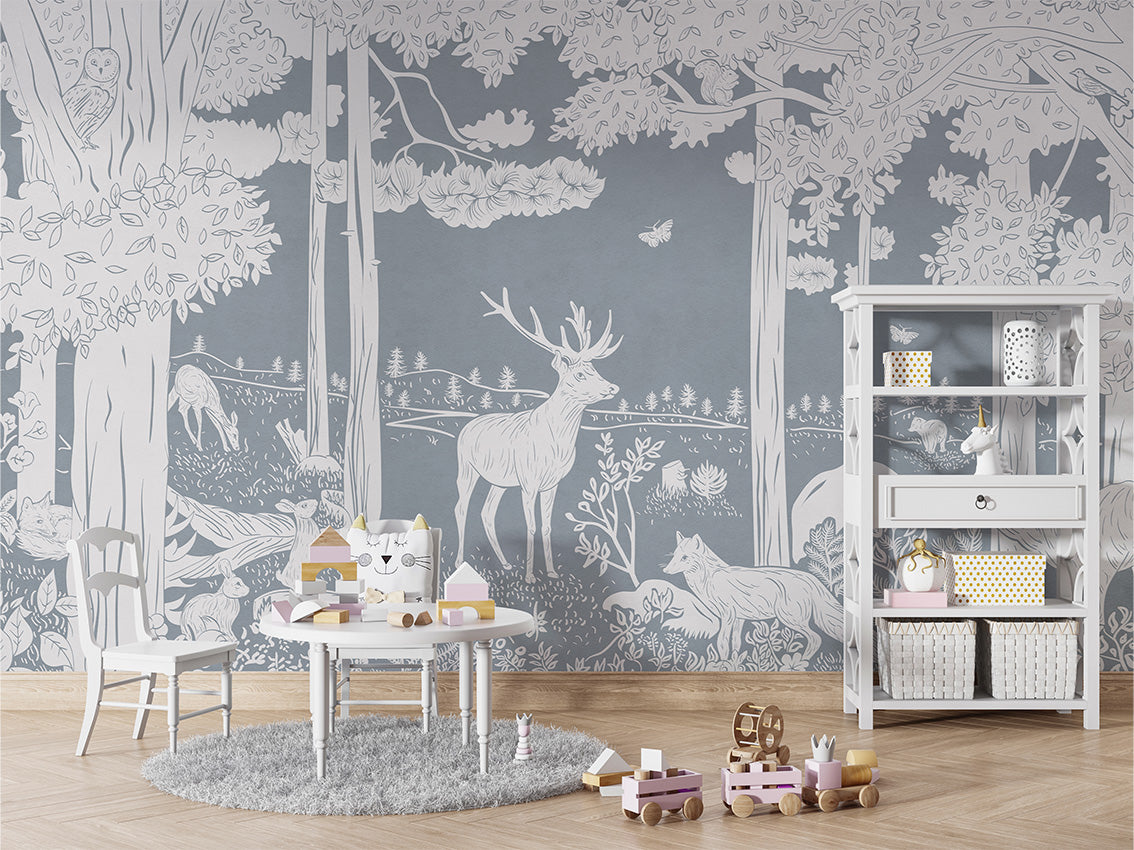 Monochrome Forest - Blue luxury wallpaper in kids room interior — Artehub Egypt