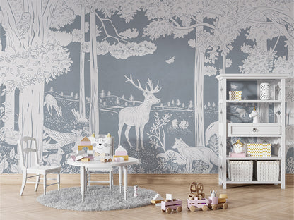 Monochrome Forest - Blue luxury wallpaper in kids room interior — Artehub Egypt
