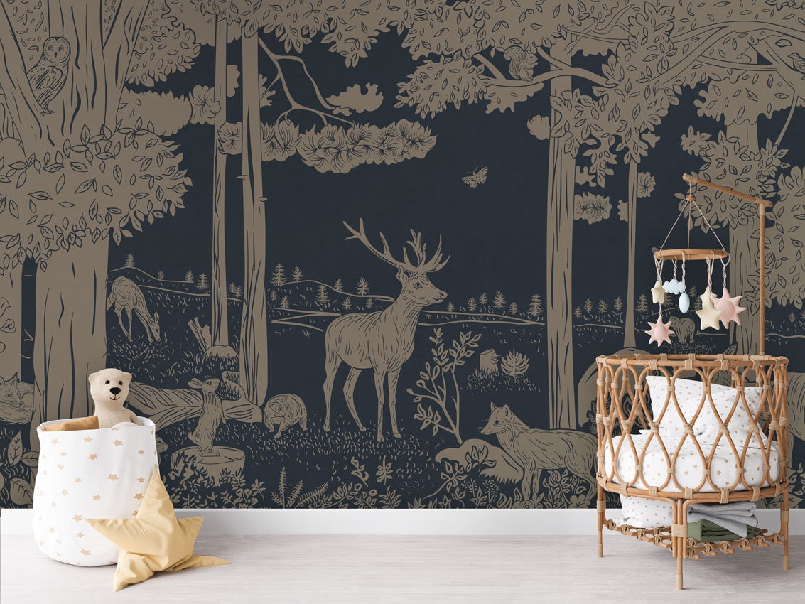 Monochrome Forest - Blue Vintage luxury wallpaper in kids room interior — Artehub Egypt