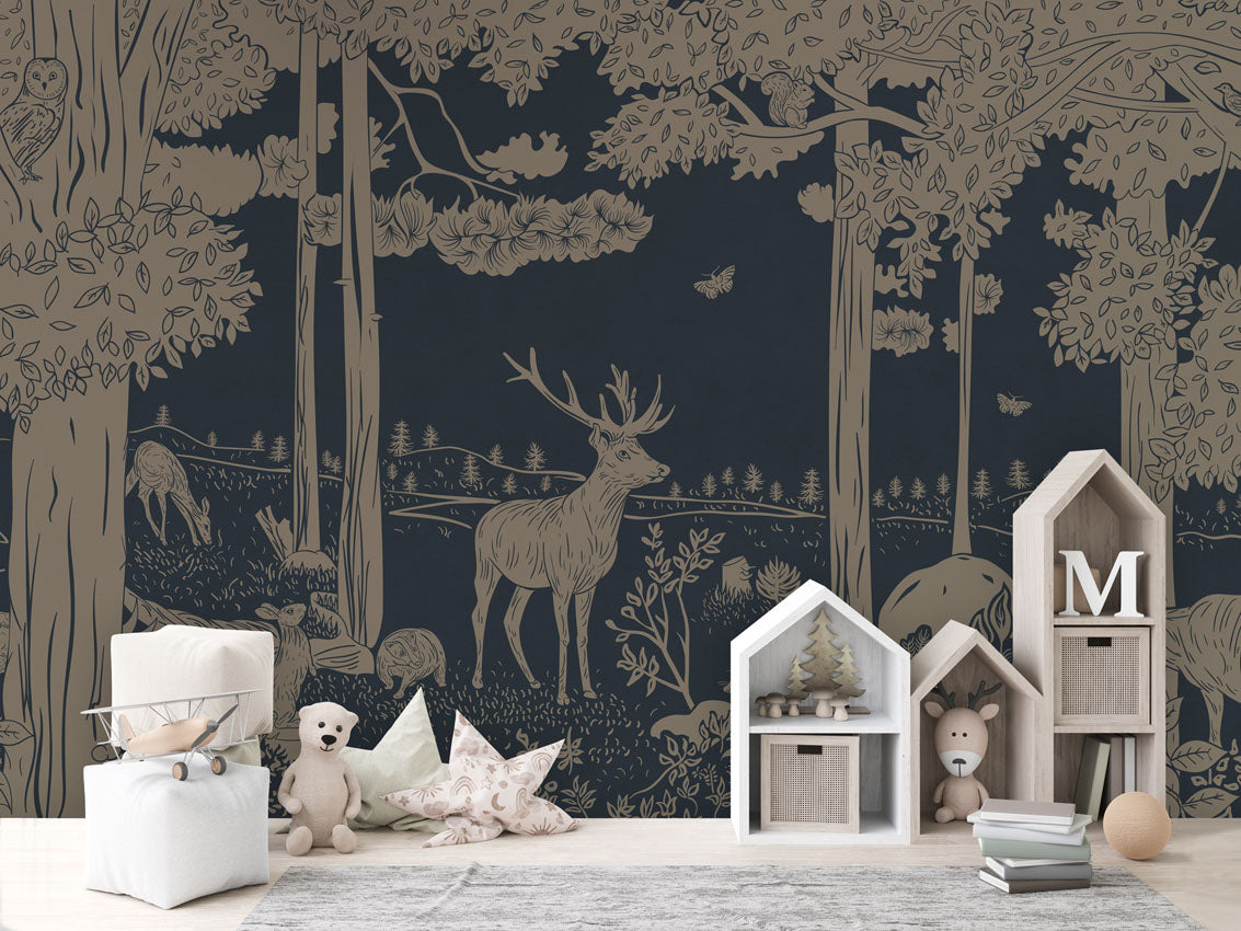 Monochrome Forest - Blue Vintage luxury wallpaper in kids room interior — Artehub Egypt