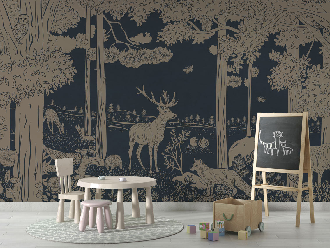 Monochrome Forest - Blue Vintage luxury wallpaper in kids room interior — Artehub Egypt