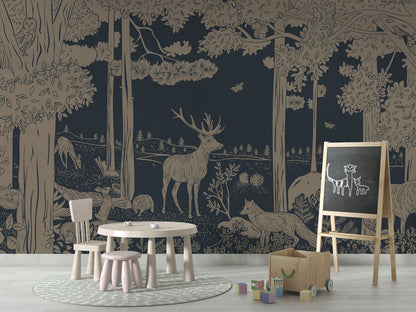 Monochrome Forest - Blue Vintage luxury wallpaper in kids room interior — Artehub Egypt