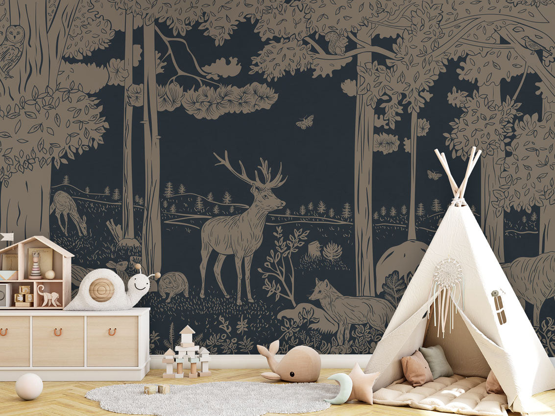 Monochrome Forest - Blue Vintage luxury wallpaper in kids room interior — Artehub Egypt