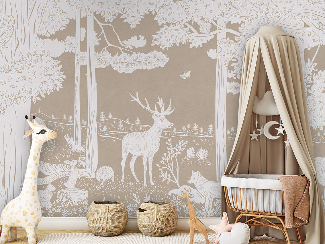 Monochrome Forest - Brown luxury wallpaper in kids room interior — Artehub Egypt