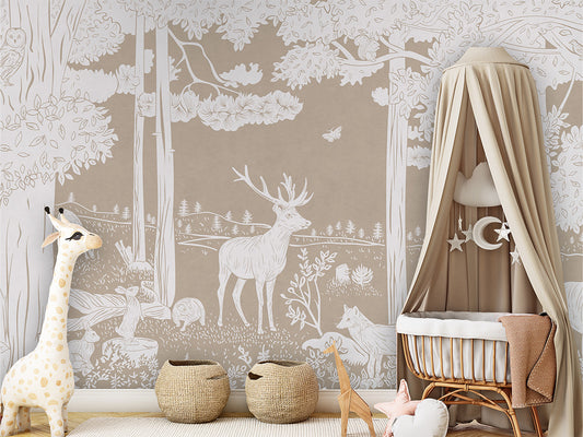 Monochrome Forest - Brown luxury wallpaper in kids room interior — Artehub Egypt