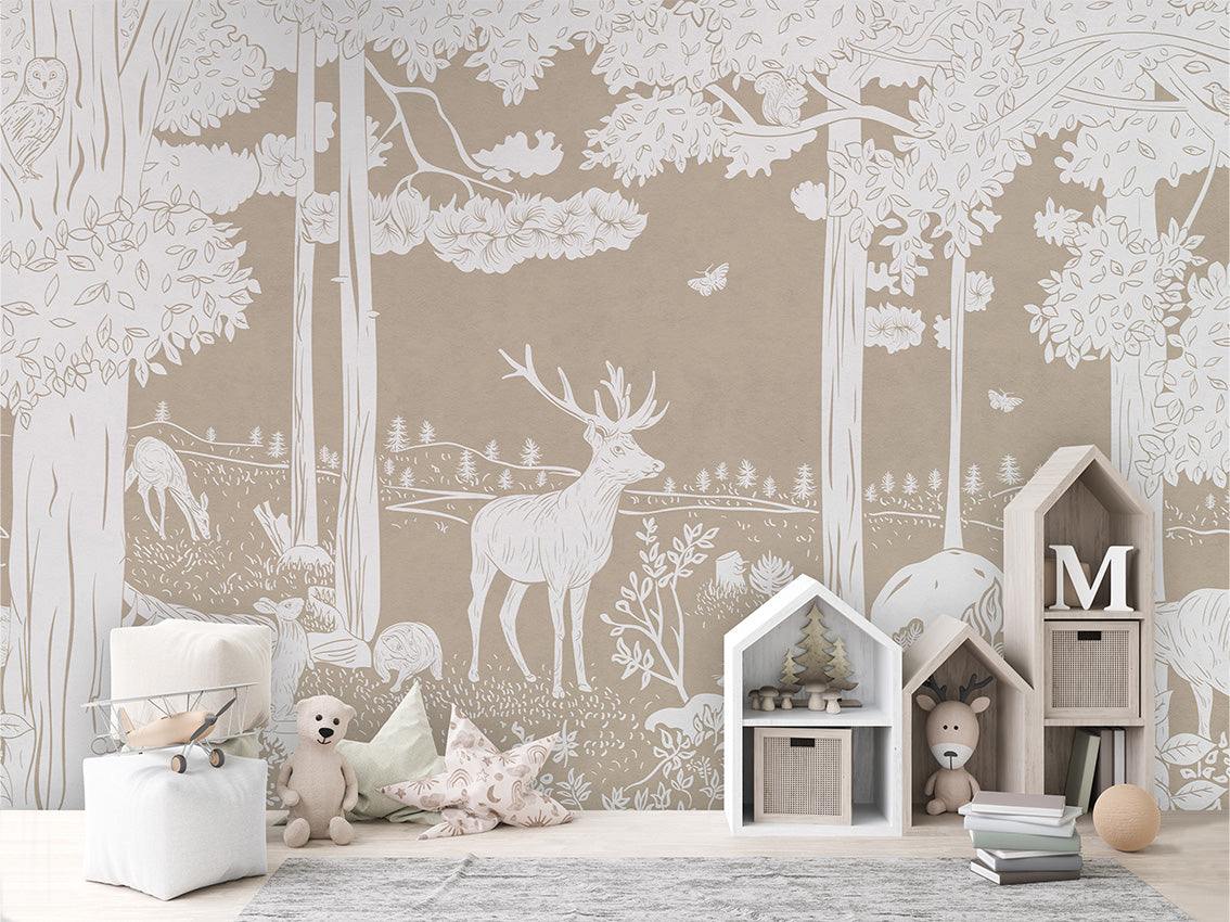 Monochrome Forest - Brown luxury wallpaper in kids room interior — Artehub Egypt