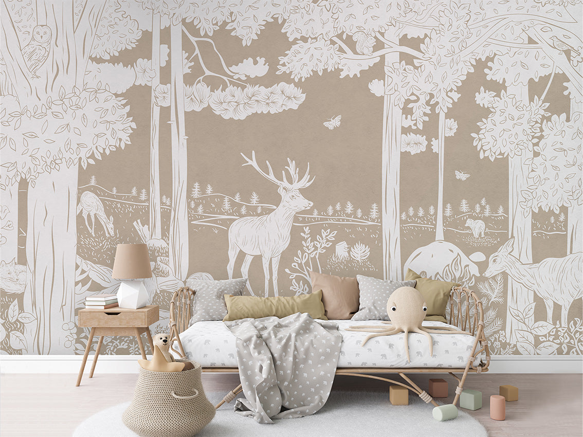 Monochrome Forest - Brown luxury wallpaper in kids room interior — Artehub Egypt
