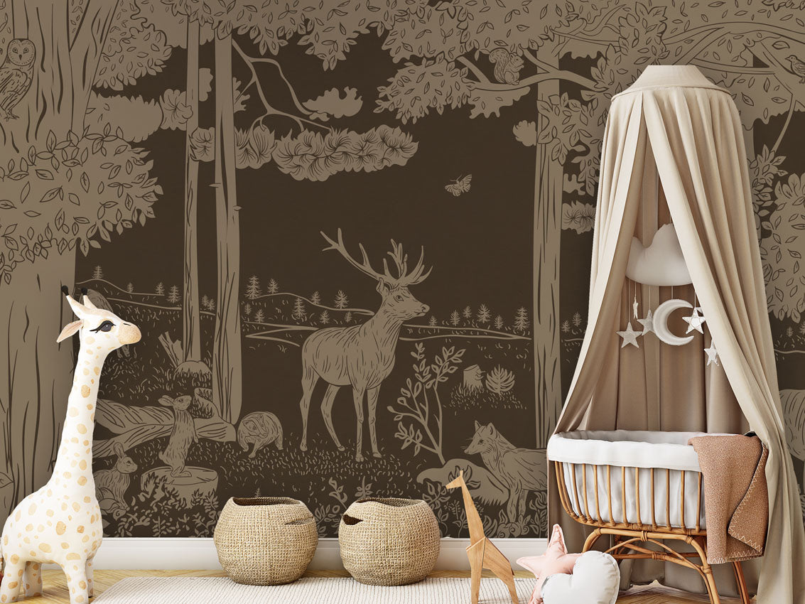 Monochrome Forest - Brown Vintage luxury wallpaper in kids room interior — Artehub Egypt