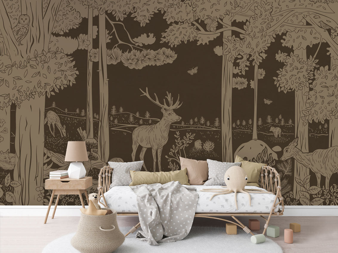 Monochrome Forest - Brown Vintage luxury wallpaper in kids room interior — Artehub Egypt