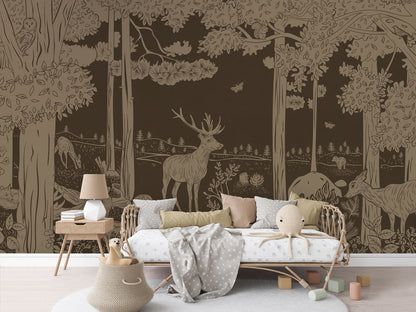 Monochrome Forest - Brown Vintage luxury wallpaper in kids room interior — Artehub Egypt