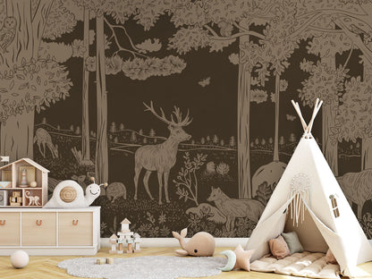 Monochrome Forest - Brown Vintage luxury wallpaper in kids room interior — Artehub Egypt