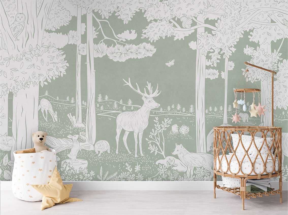 Monochrome Forest - Green luxury wallpaper in kids room interior — Artehub Egypt