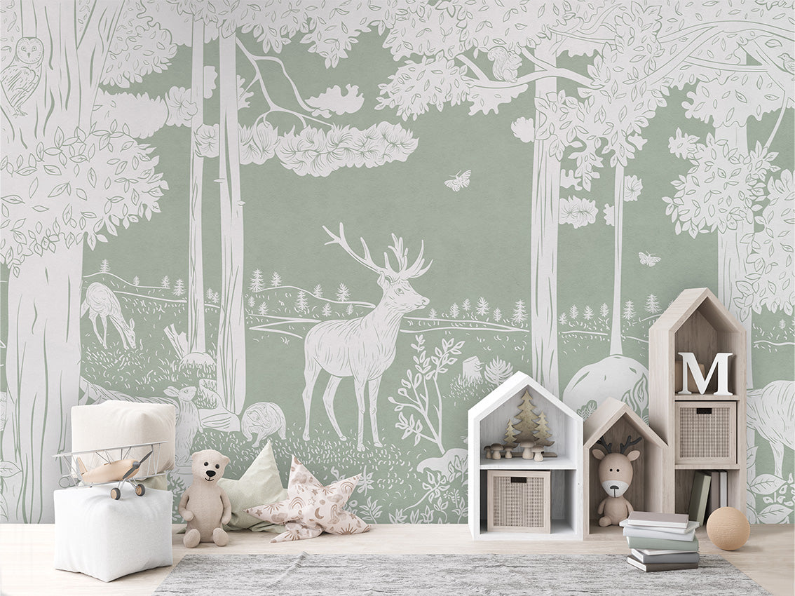 Monochrome Forest - Green luxury wallpaper in kids room interior — Artehub Egypt