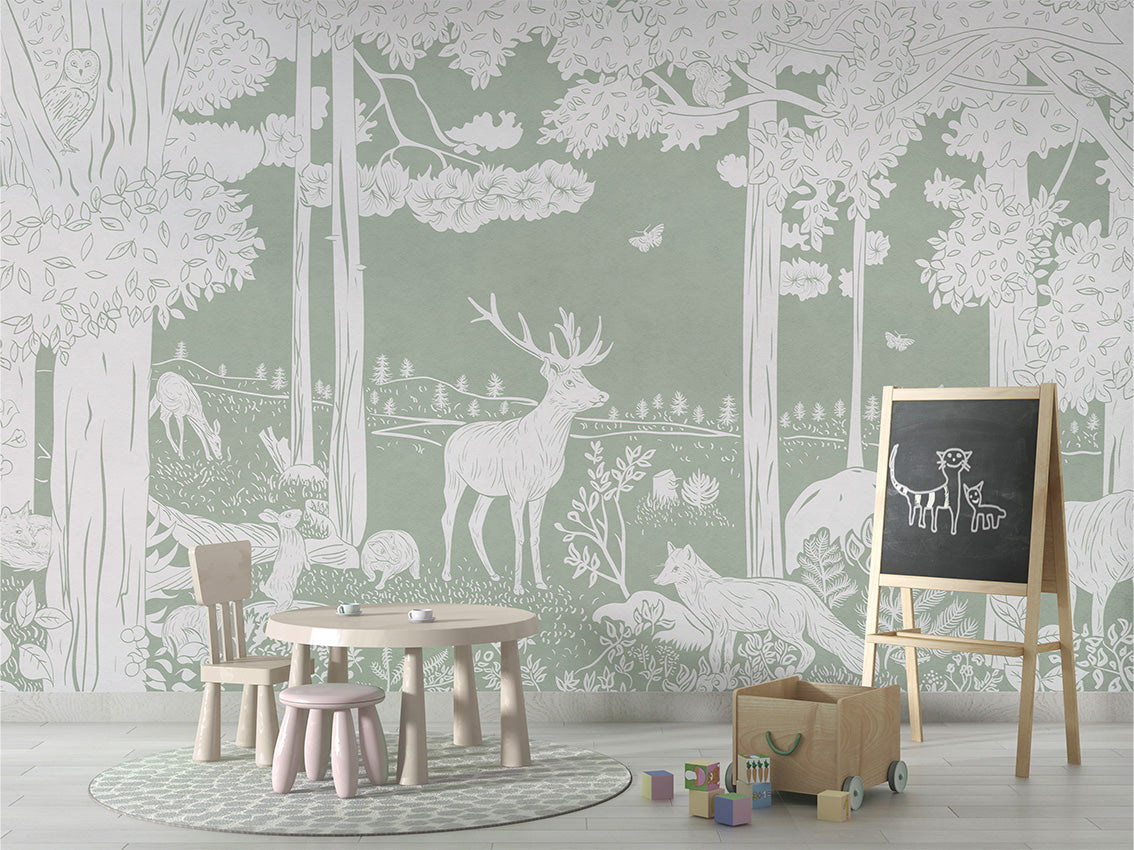 Monochrome Forest - Green luxury wallpaper in kids room interior — Artehub Egypt