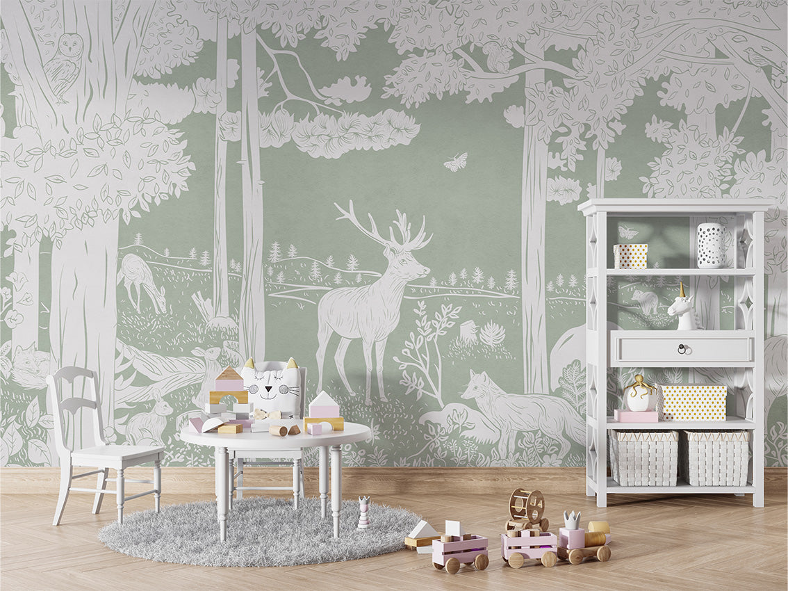 Monochrome Forest - Green luxury wallpaper in kids room interior — Artehub Egypt