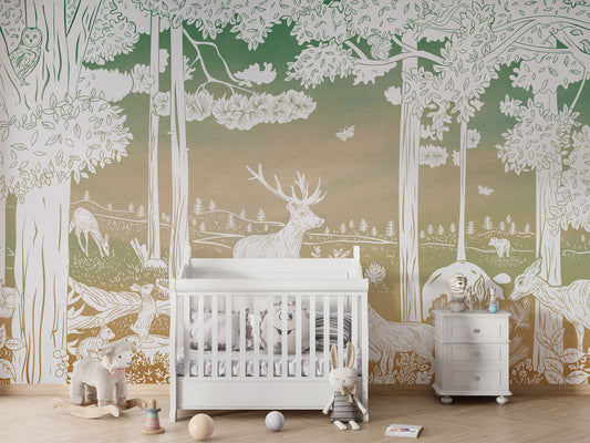 Monochrome Forest - Green Sky luxury wallpaper in kids room interior — Artehub Egypt