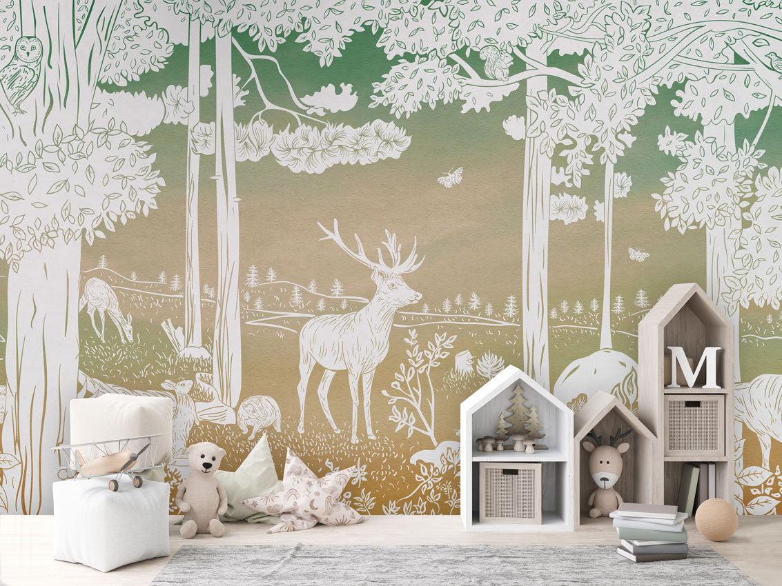 Monochrome Forest - Green Sky luxury wallpaper in kids room interior — Artehub Egypt