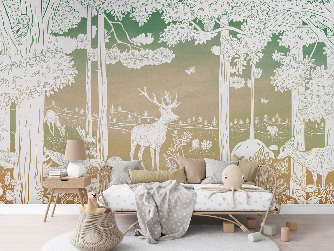 Monochrome Forest - Green Sky luxury wallpaper in kids room interior — Artehub Egypt