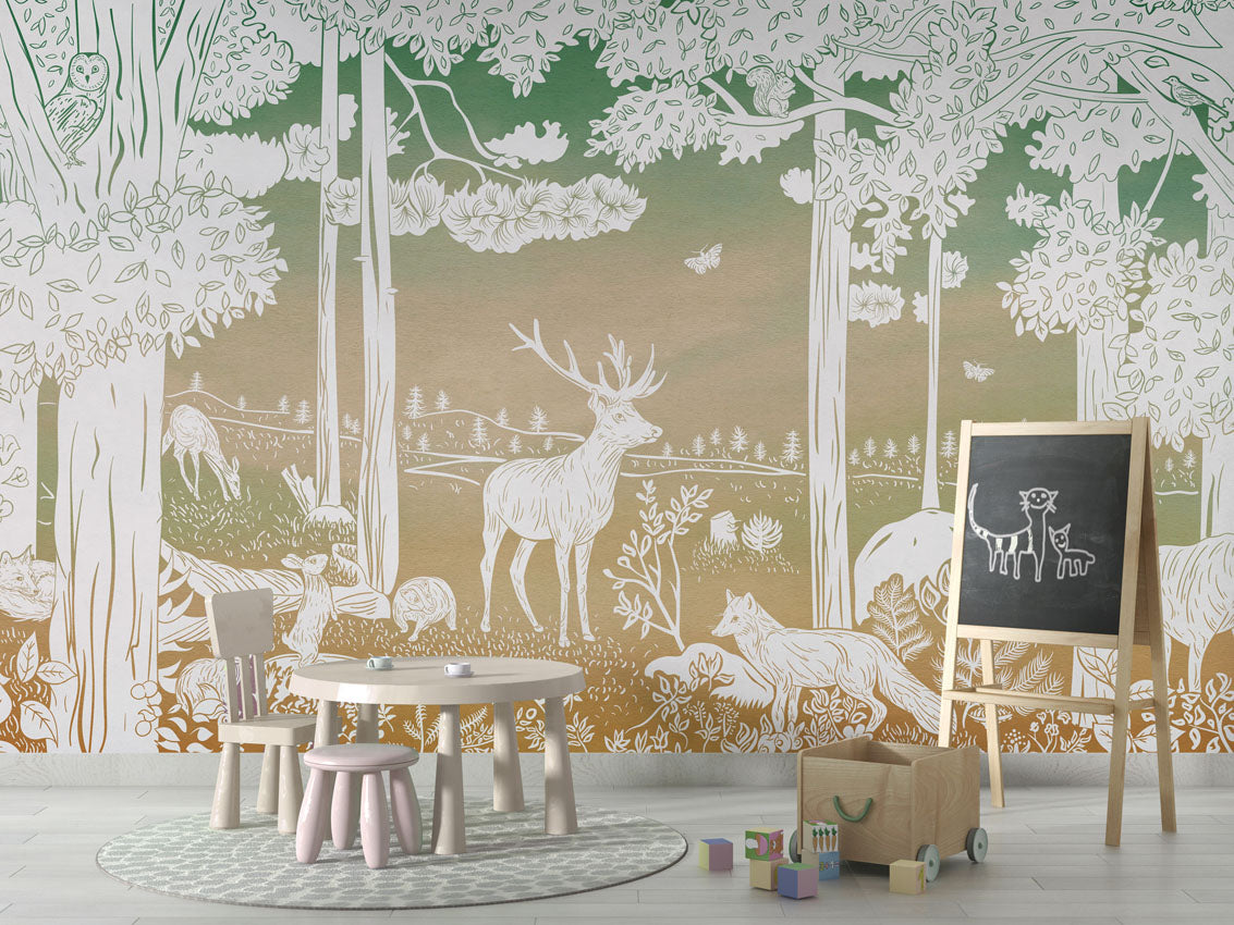 Monochrome Forest - Green Sky luxury wallpaper in kids room interior — Artehub Egypt