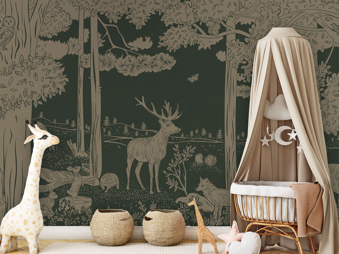 Monochrome Forest - Green Vintage luxury wallpaper in kids room interior — Artehub Egypt