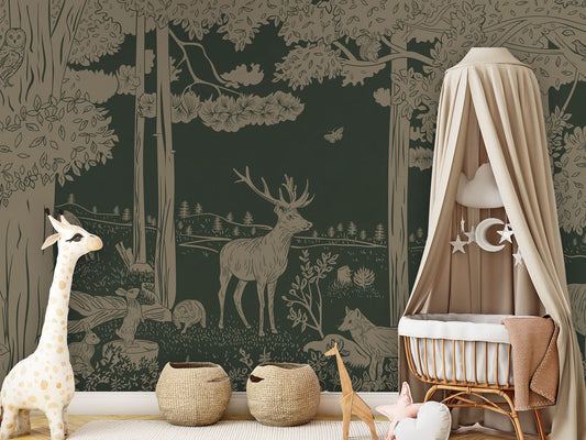 Monochrome Forest - Green Vintage luxury wallpaper in kids room interior — Artehub Egypt