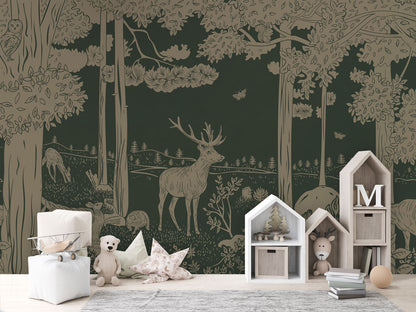 Monochrome Forest - Green Vintage luxury wallpaper in kids room interior — Artehub Egypt