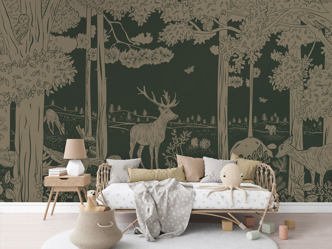 Monochrome Forest - Green Vintage luxury wallpaper in kids room interior — Artehub Egypt
